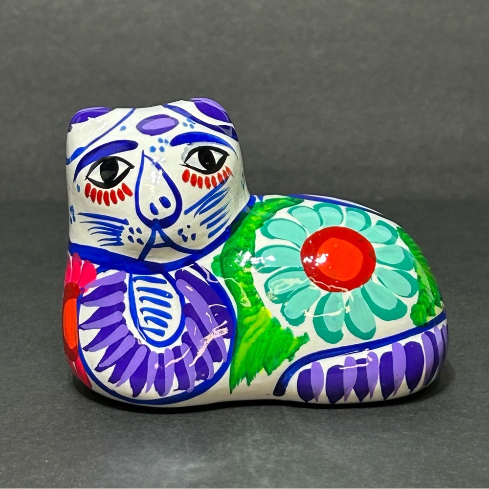 Talavera Mexican Hand Painted Pottery Sitting Cat White Purple Blue Green Red.